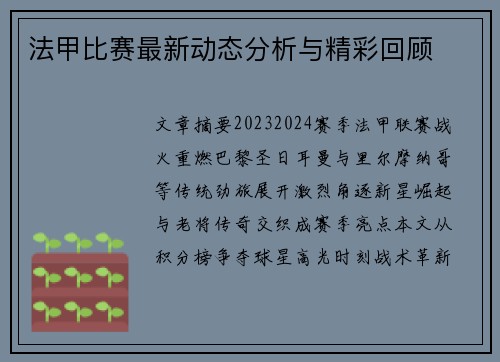 法甲比赛最新动态分析与精彩回顾