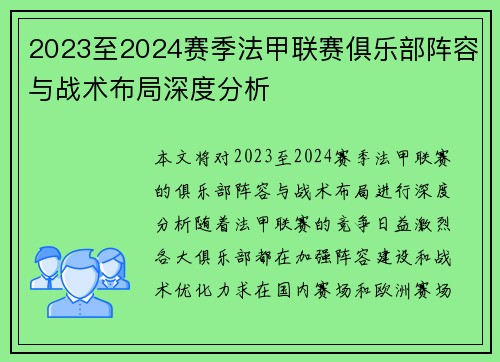 2023至2024赛季法甲联赛俱乐部阵容与战术布局深度分析